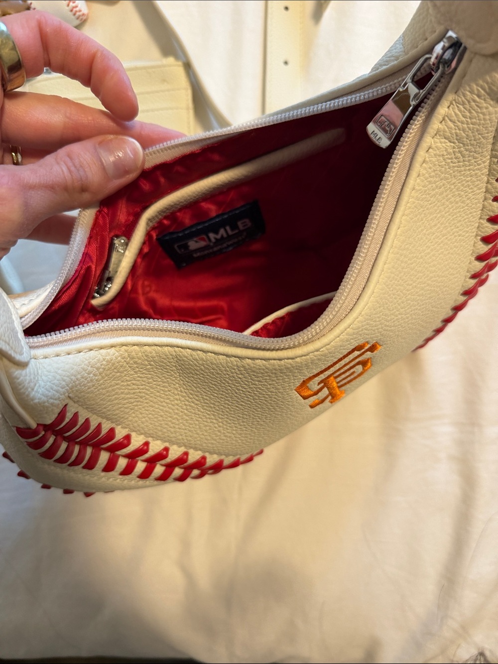 San Francisco Baseball Stitch Hobo Bag in Cream with Red Stitching - Picture 6 of 11
